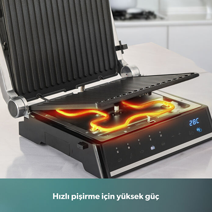 Homend Grilliant 1341H Inox Gövdeli, Döküm Plakalı, 5 Programlı, Led Ekranlı Tost ve Izgara Makinesi