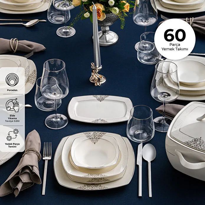 Emsan New Yasemin Porselen 60 Parça 12 Kişilik Yarım Kare Yemek Takımı Platin 