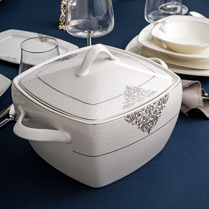 Emsan New Yasemin Porselen 60 Parça 12 Kişilik Yarım Kare Yemek Takımı Platin 