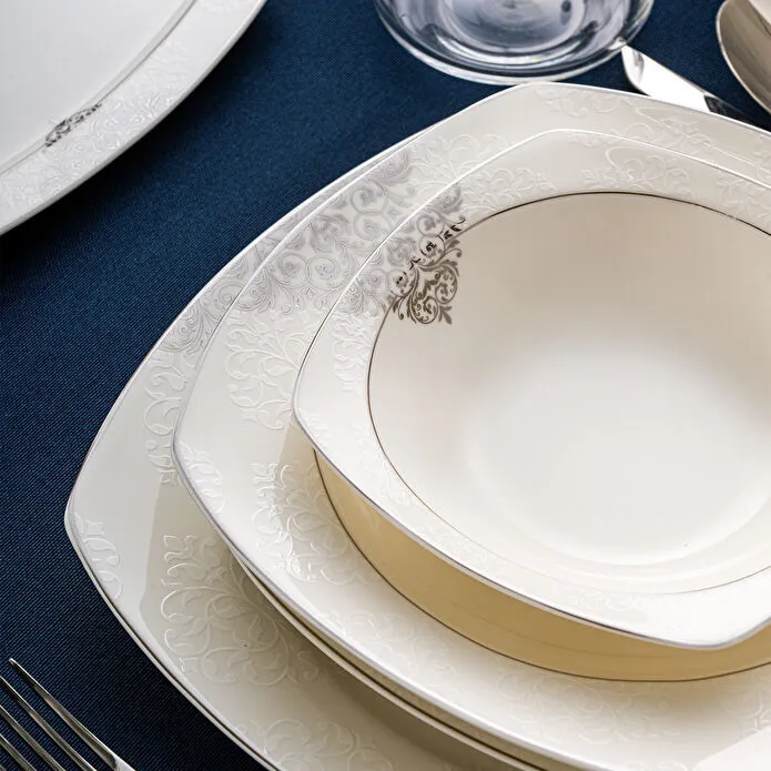 Emsan New Yasemin Porselen 60 Parça 12 Kişilik Yarım Kare Yemek Takımı Platin 