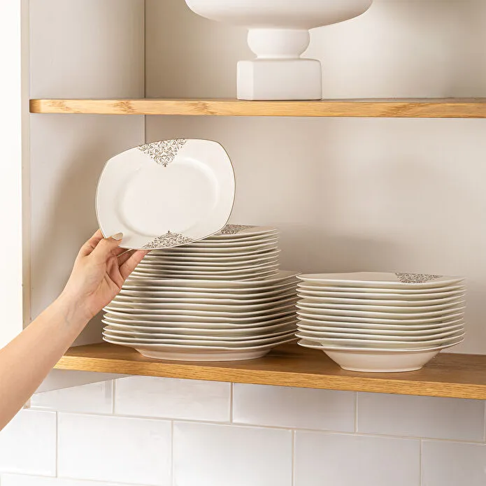 Emsan New Yasemin Porselen 60 Parça 12 Kişilik Yarım Kare Yemek Takımı Platin 