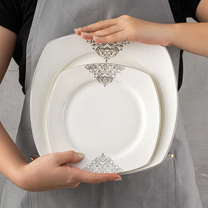 Emsan New Yasemin Porselen 60 Parça 12 Kişilik Yarım Kare Yemek Takımı Platin 