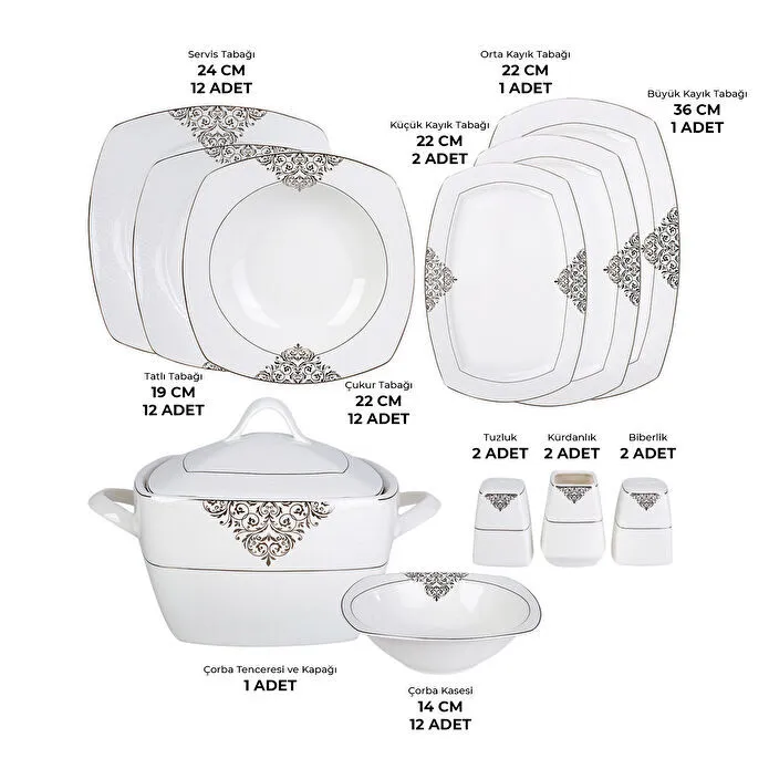 Emsan New Yasemin Porselen 60 Parça 12 Kişilik Yarım Kare Yemek Takımı Platin 