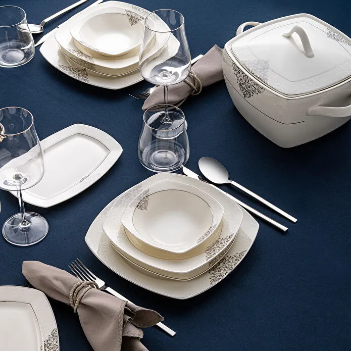 Emsan New Yasemin Porselen 60 Parça 12 Kişilik Yarım Kare Yemek Takımı Platin 