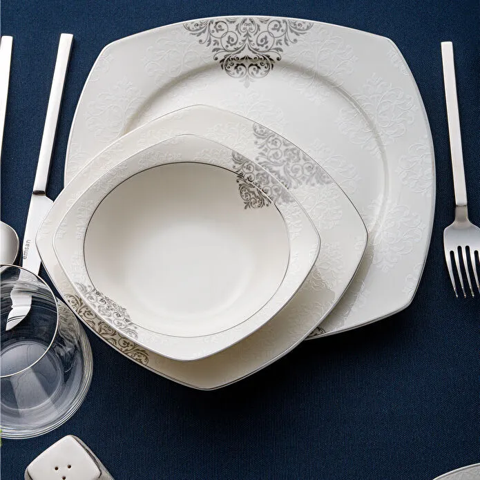 Emsan New Yasemin Porselen 60 Parça 12 Kişilik Yarım Kare Yemek Takımı Platin 