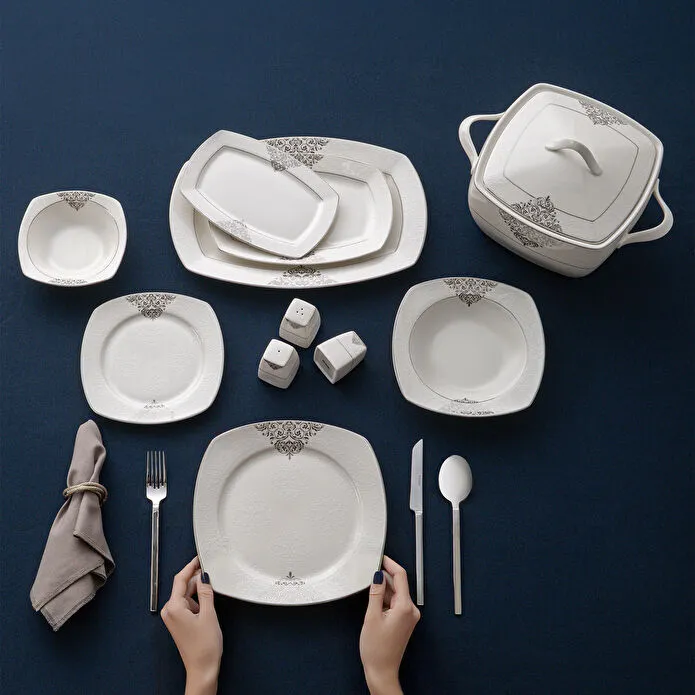 Emsan New Yasemin Porselen 60 Parça 12 Kişilik Yarım Kare Yemek Takımı Platin 