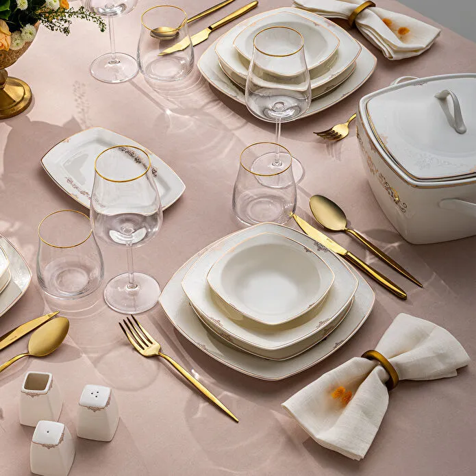 Emsan Bone Yeni Mimoza 12 Kişilik Yemek Takımı 60 Parça Yarım Kare