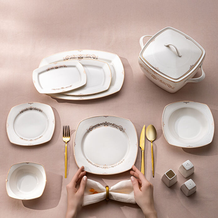 Emsan Bone Yeni Mimoza 12 Kişilik Yemek Takımı 60 Parça Yarım Kare