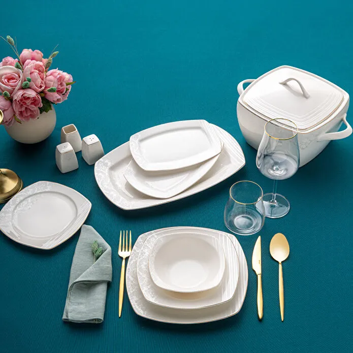 Emsan Bone Yeni Nilüfer 60 Parça 12 Kişilik Yemek Takımı Yarım Kare