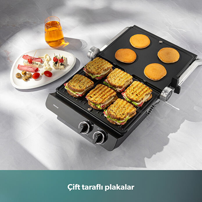 Homend Grilliant 1342H 3 in 1 Inox Gövde Çift Taraflı XL Döküm Plaka Tost ve Izgara Makinesi
