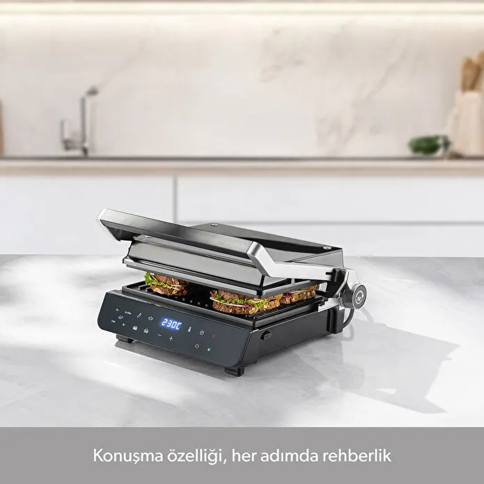 Homend Grilliant 1343H Cam Yüzeyli, 5 Hazır Programlı, Döküm Plakalı, Led Ekranlı Konuşan Tost ve Izgara Makinesi