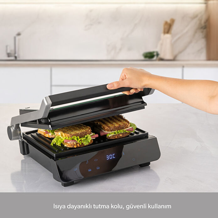 Homend Grilliant 1343H Cam Yüzeyli, 5 Hazır Programlı, Döküm Plakalı, Led Ekranlı Konuşan Tost ve Izgara Makinesi