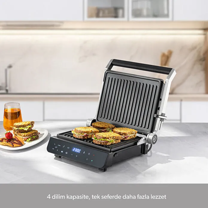 Homend Grilliant 1343H Cam Yüzeyli, 5 Hazır Programlı, Döküm Plakalı, Led Ekranlı Konuşan Tost ve Izgara Makinesi