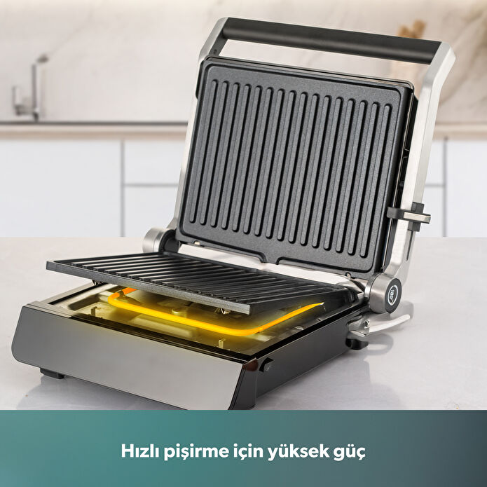 Homend Grilliant 1343H Cam Yüzeyli, 5 Hazır Programlı, Döküm Plakalı, Led Ekranlı Konuşan Tost ve Izgara Makinesi
