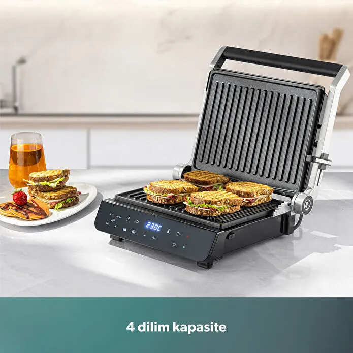 Homend Grilliant 1343H Cam Yüzeyli, 5 Hazır Programlı, Döküm Plakalı, Led Ekranlı Konuşan Tost ve Izgara Makinesi