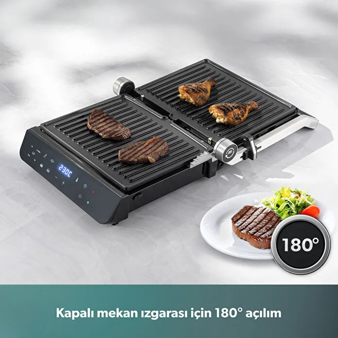 Homend Grilliant 1343H Cam Yüzeyli, 5 Hazır Programlı, Döküm Plakalı, Led Ekranlı Konuşan Tost ve Izgara Makinesi