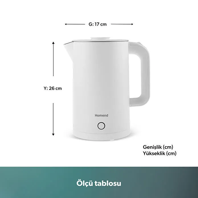 Homend Heatrow Cooltouch 1618H Paslanmaz Çelik El Yakmaz Gövdeli Su Isıtıcısı Beyaz