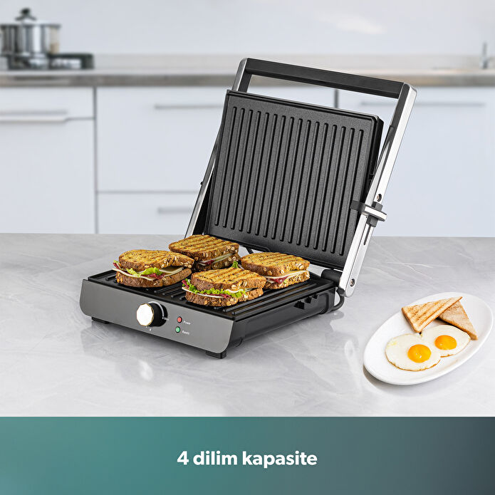 Homend Grilliant 4 Dilim Kapasiteli Gövdeli Döküm Plakalı Tost ve Izgara Makinesi Inox 2000W