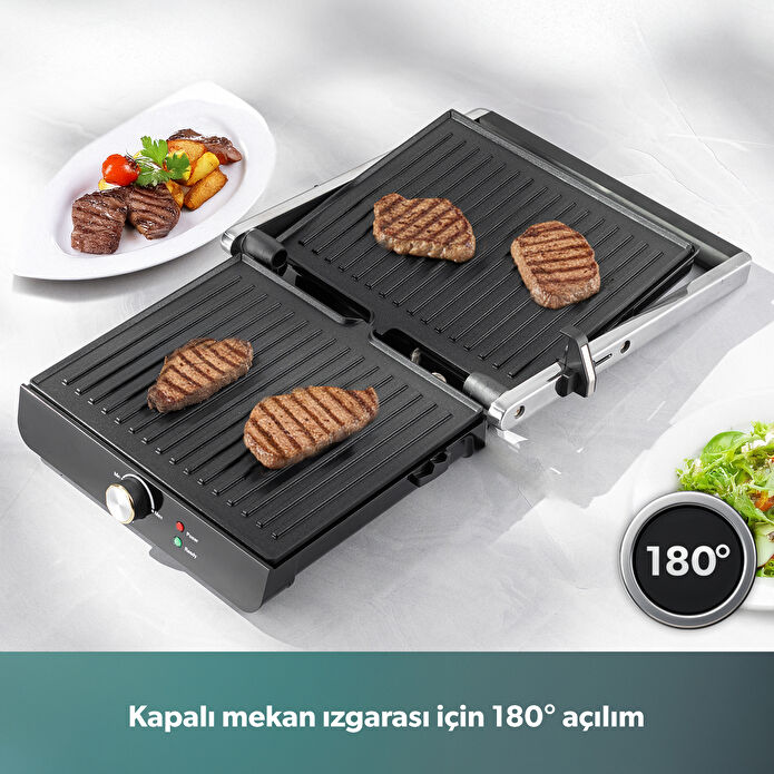Homend Grilliant 4 Dilim Kapasiteli Gövdeli Döküm Plakalı Tost ve Izgara Makinesi Inox 2000W