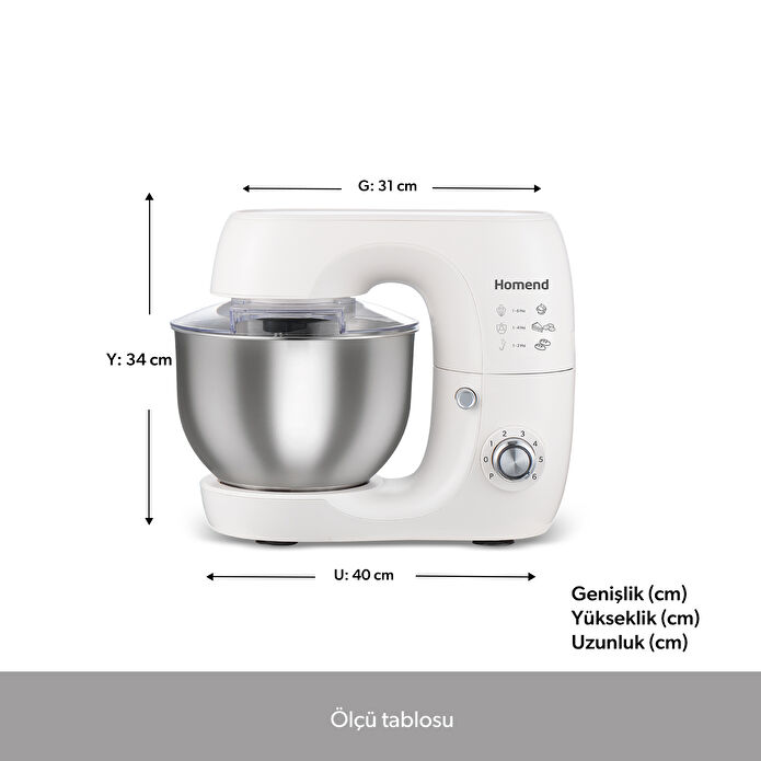 Homend Profashion 3082H Hamur Yoğurma Makinesi Krem 1200W 5,2L