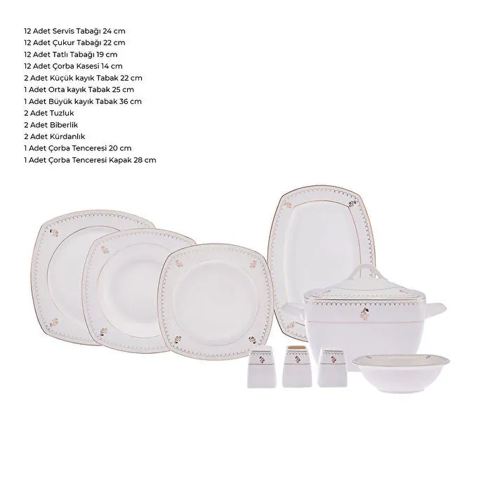 Emsan Belinda 60 Parça Yarım Kare 12 Kişilik Yemek Takımı