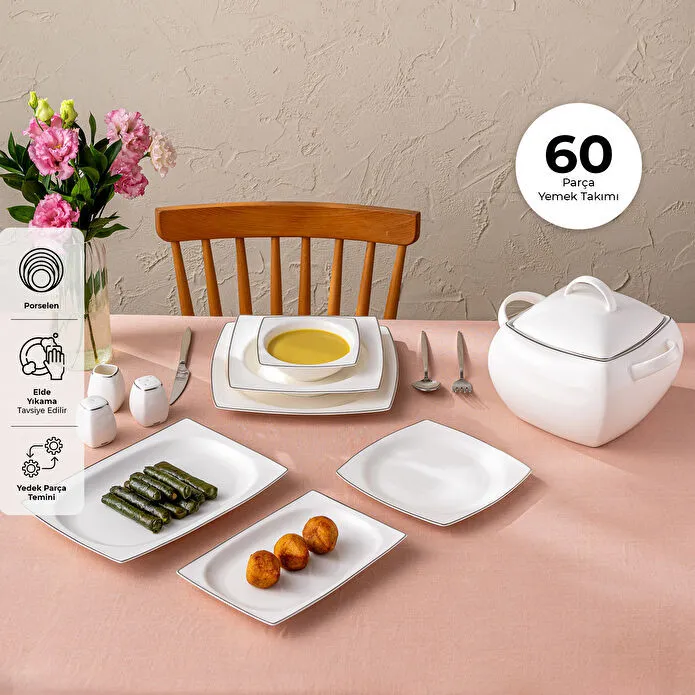 Emsan Yeni Karmen 60 Parça 12 Kişilik Yemek Takımı Kare Platin