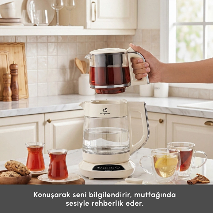 Karaca Çaysever 3 in 1 Konuşan Çelik Süzgeçli Su Isıtıcı ve Mama Suyu Hazırlama Cam Çay Makinesi Starlight