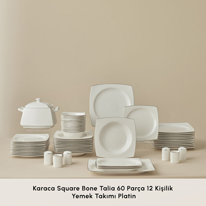 Karaca Square Bone Talia 60 Parça 12 Kişilik Yemek Takımı Platin