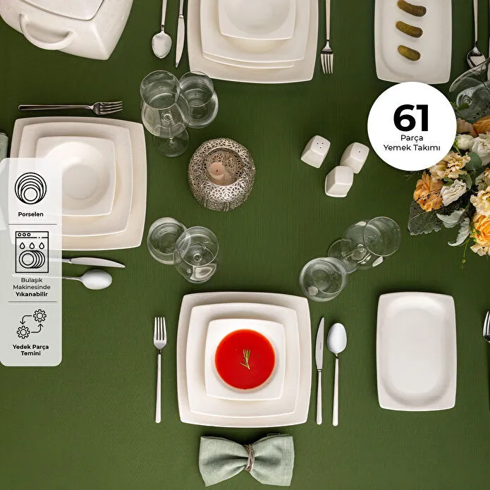 Emsan Fine Bone Meyra 61 Parça 12 Kişilik Kare Yemek Takımı
