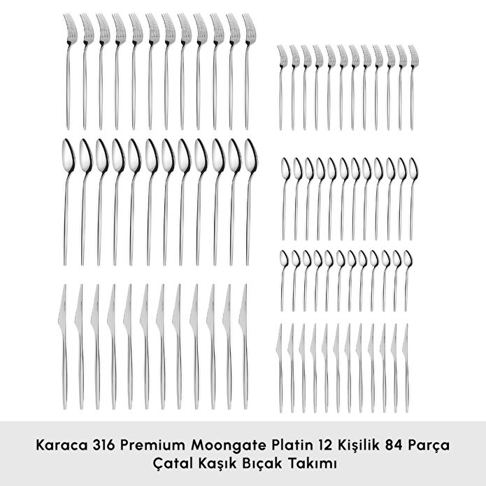 Karaca 316 Premium Moongate Platin 12 Kişilik 84 Parça Çatal Kaşık Bıçak Takımı