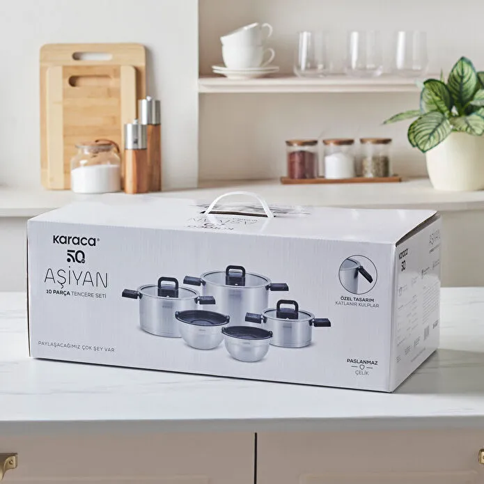 Karaca Aşiyan Katlanabilir Kulplu 10 Parça Çelik Tencere Seti