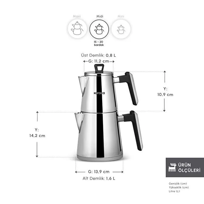 Karaca Powersteel Pro 316+ Space Midi Çelik İndüksiyon Tabanlı Çaydanlık Takımı