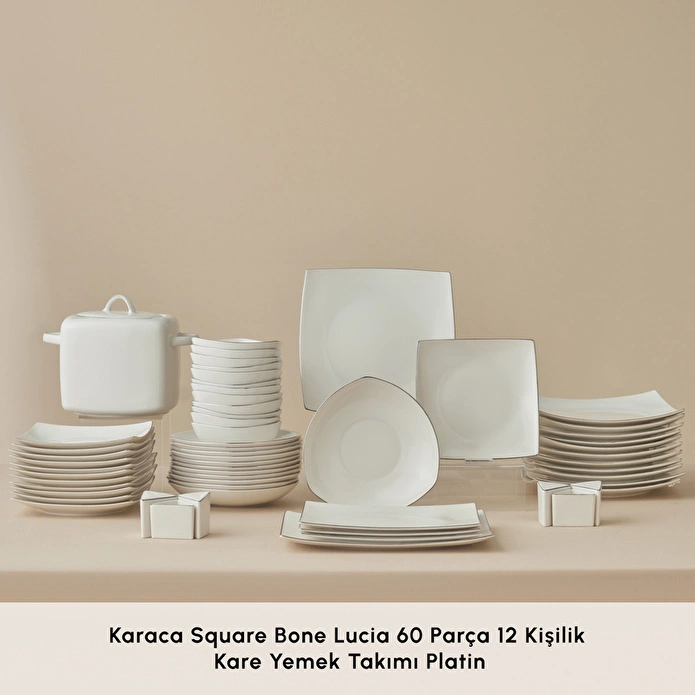 Karaca Square Bone Lucia 60 Parça 12 Kişilik Yemek Takımı Platin