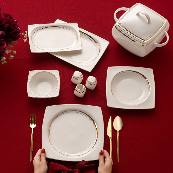 Emsan Fine Bone Hale 60 Parça 12 Kişilik Kare Yemek Takımı Gold