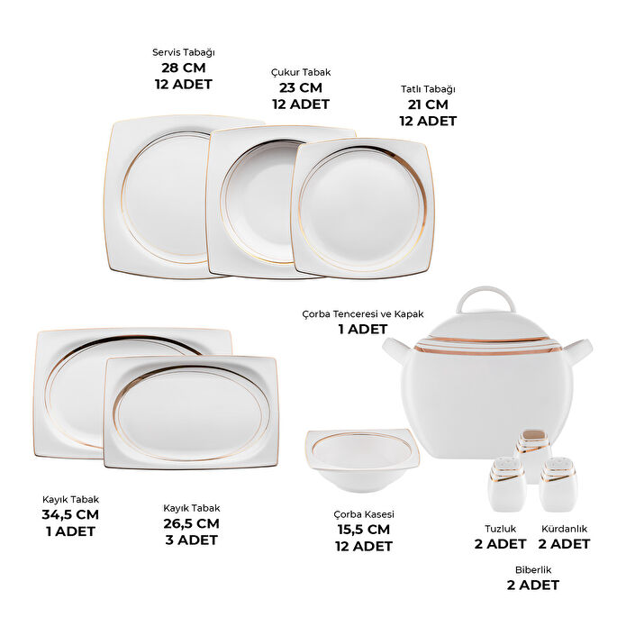 Emsan Fine Bone Hale 60 Parça 12 Kişilik Kare Yemek Takımı Gold