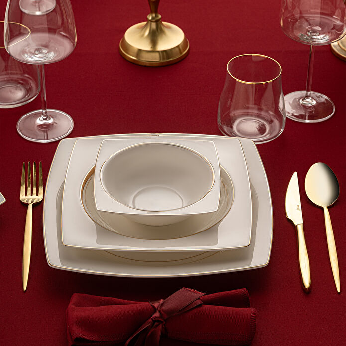 Emsan Fine Bone Hale 60 Parça 12 Kişilik Kare Yemek Takımı Gold