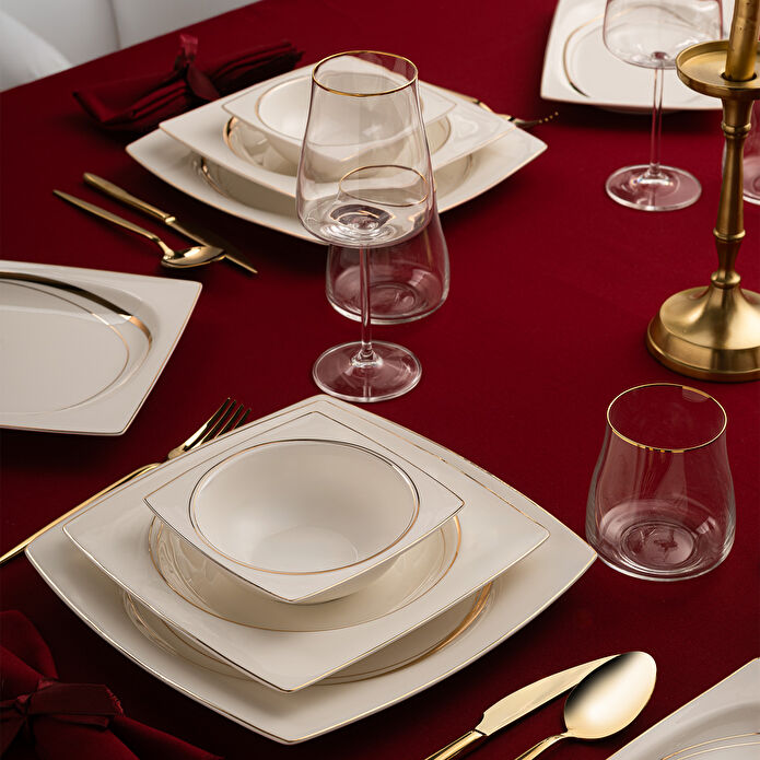 Emsan Fine Bone Hale 60 Parça 12 Kişilik Kare Yemek Takımı Gold