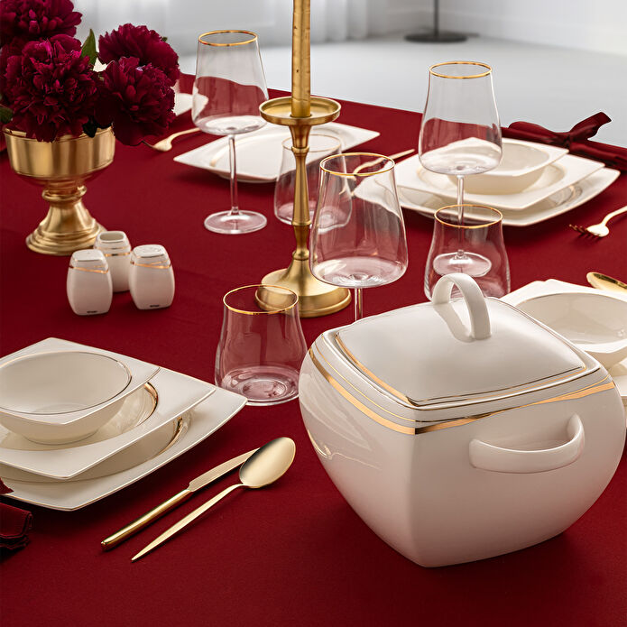 Emsan Fine Bone Hale 60 Parça 12 Kişilik Kare Yemek Takımı Gold