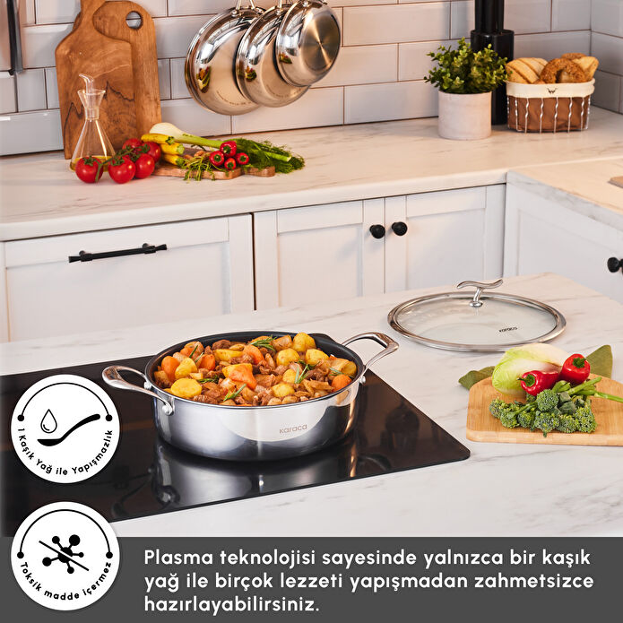 Karaca Plasma Steel 3Ply İndüksiyon Tabanlı Çelik Pilav/Karnıyarık Tencere 26 Cm