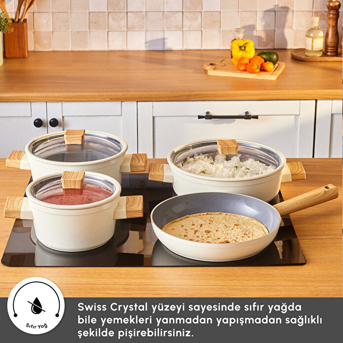 Karaca x Refika Swiss Crystal Creamy Wood 7 Parça Tencere Seti