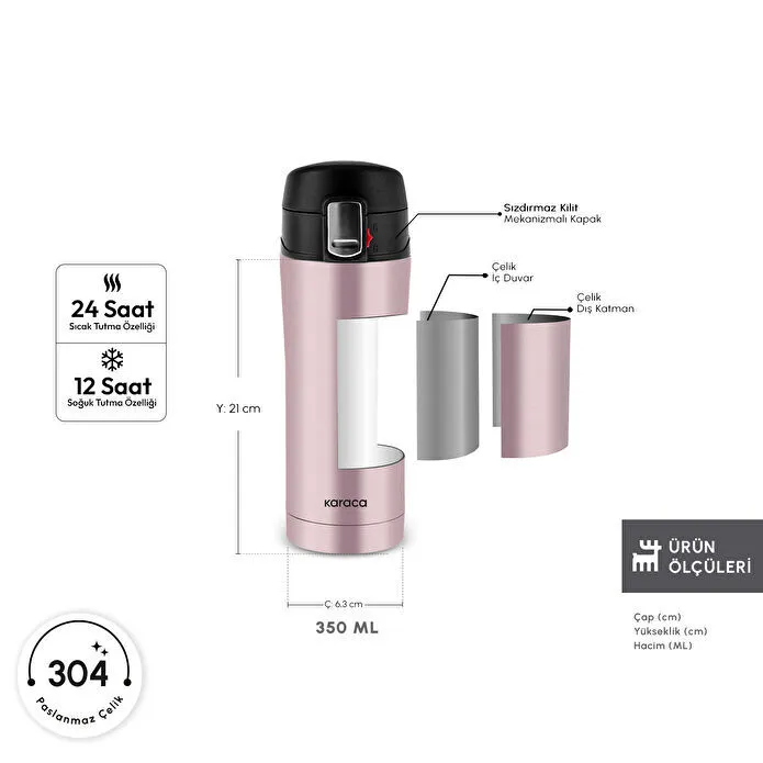 Karaca Pluton Çelik Sızdırmaz Termos Rose Gold 350 ml