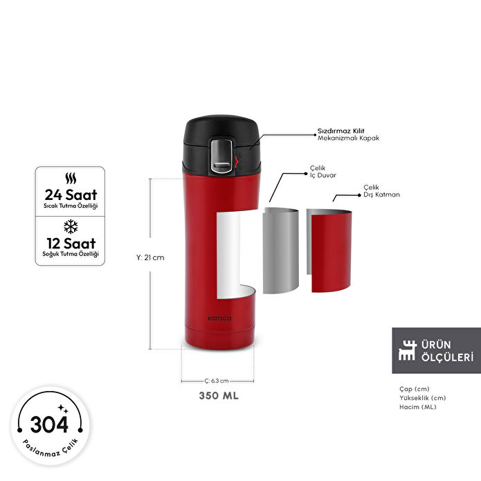 Karaca Pluton Çelik Sızdırmaz Termos Kırmızı 350 ml