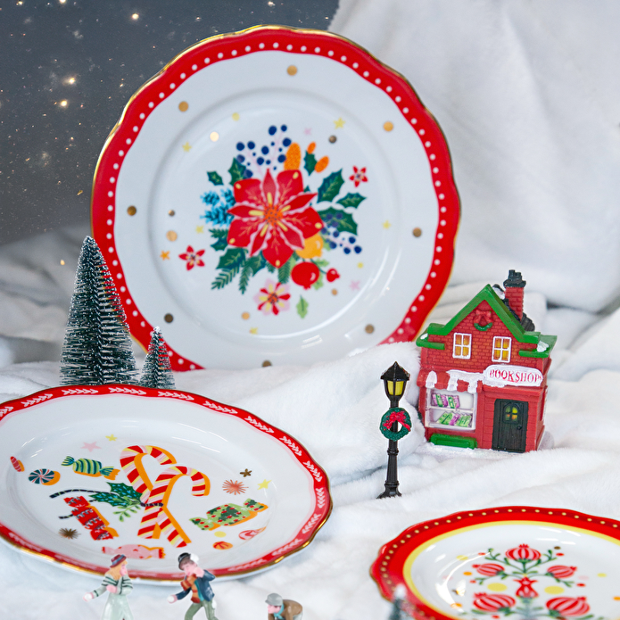 Baci Milano Mamma Mia Çiçek Desenli Kırmızı Yemek Tabağı 28 cm