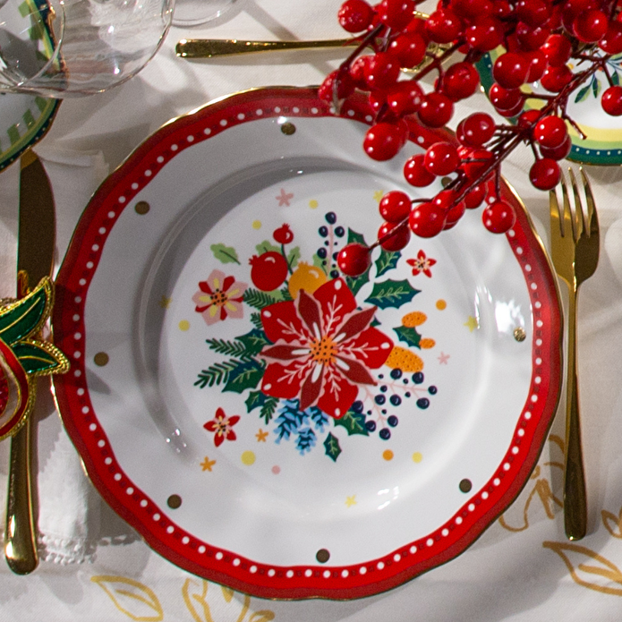 Baci Milano Mamma Mia Çiçek Desenli Kırmızı Yemek Tabağı 28 cm