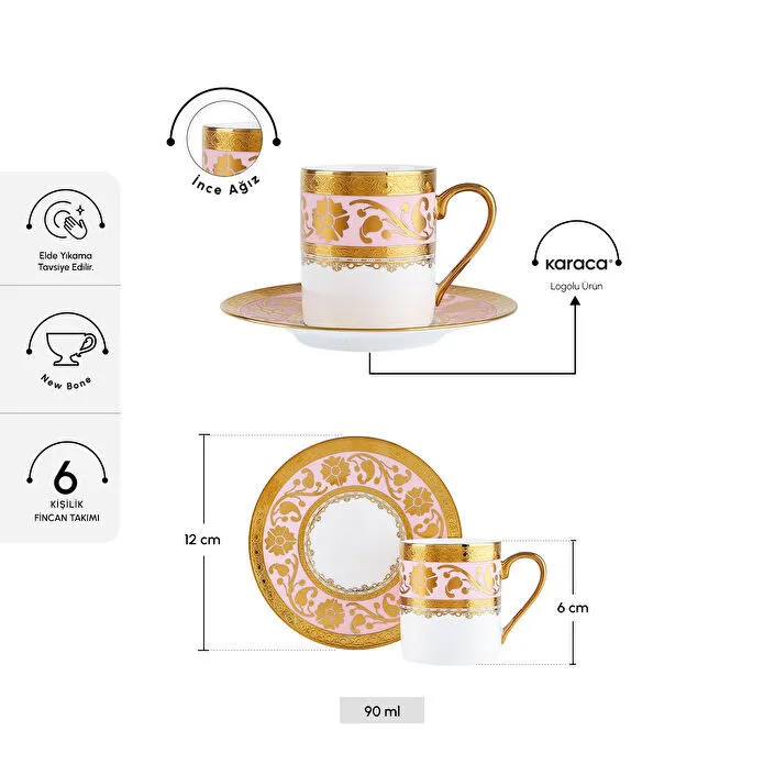 Karaca Gülfem 6 Kişilik Kahve Fincan Takımı Pembe 90 ml