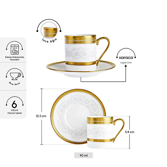 Karaca Royal Bone Charlotte 6 Kişilik Kahve Fincan Takımı 90 ml