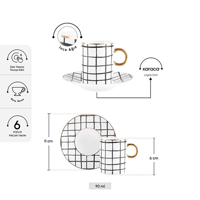 Karaca Perry Çizgili 6 Kişilik Kahve Fincan Takımı 90 Ml