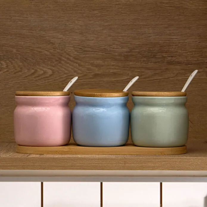 Karaca Portobello Bambu Kapaklı 3'lü Tepsili Kaşıklı Baharat Takımı