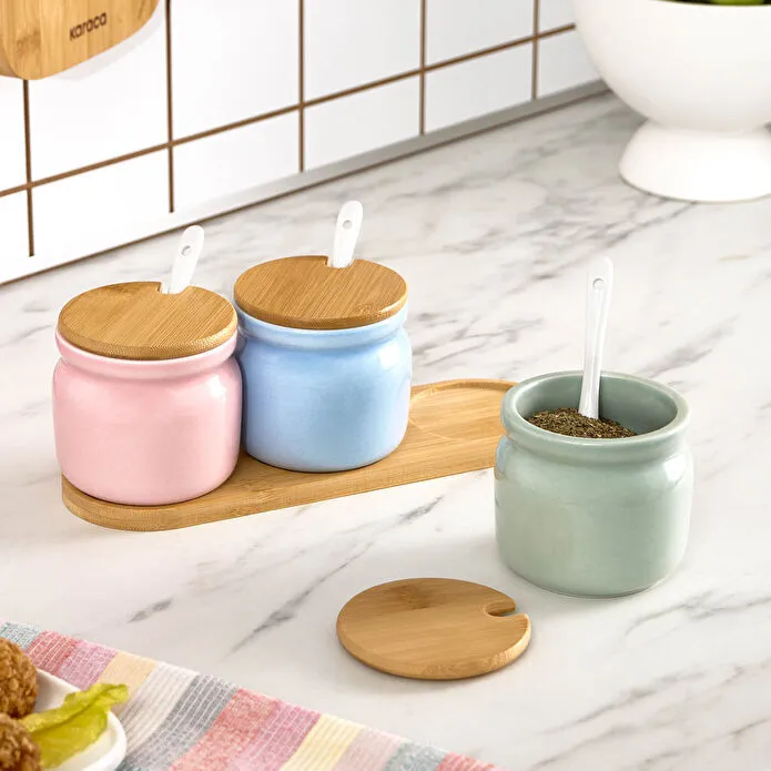 Karaca Portobello Bambu Kapaklı 3'lü Tepsili Kaşıklı Baharat Takımı