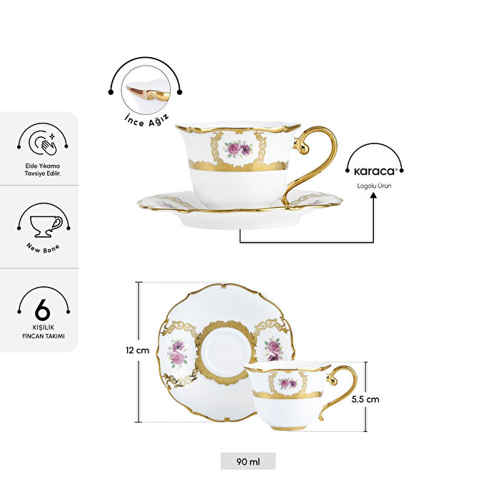 Karaca Royal Bone Elizabeth 6 Kişilik Kahve Fincan Takımı 90 Ml